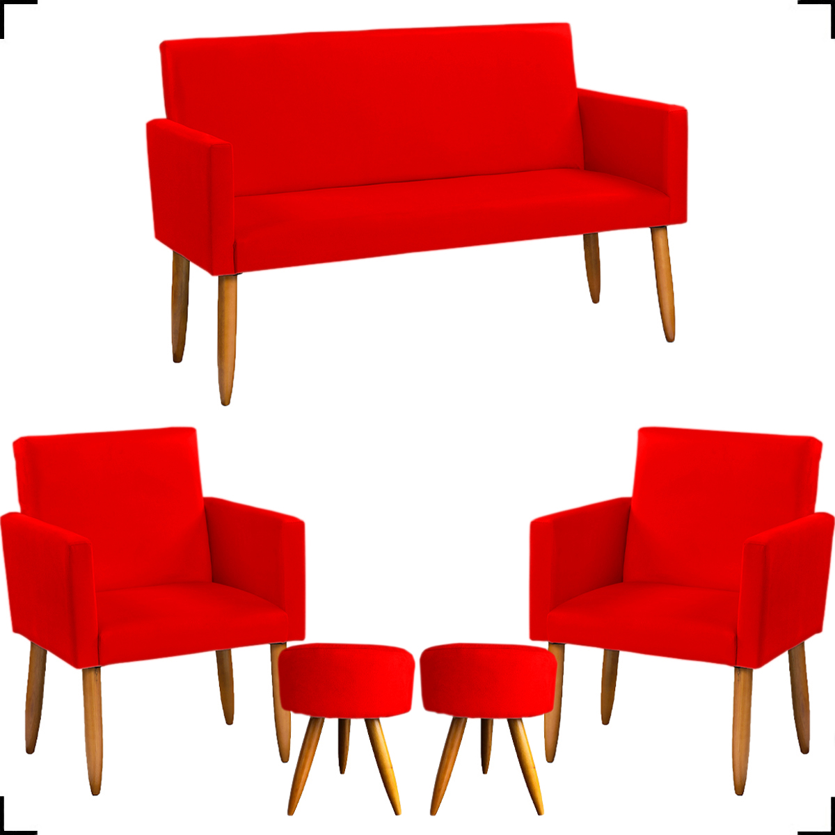 Kit Namoradeira + 2 Poltronas Decorativas Para Sala Nina + 2 Puff Redondos Suede Vermelho Pé Castanho