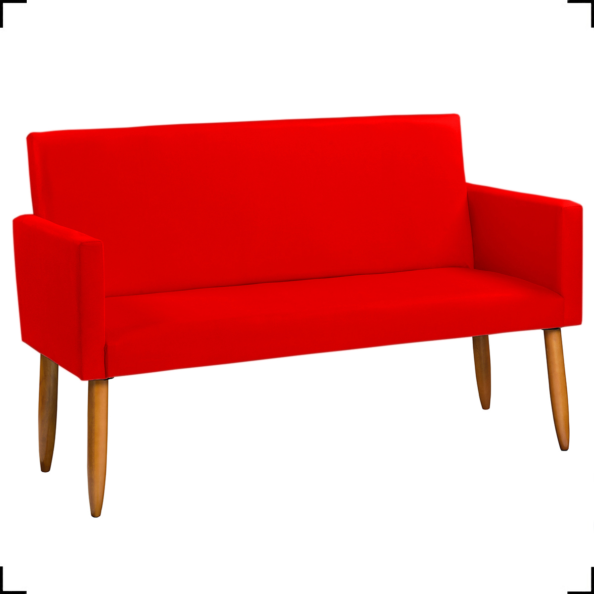 Kit Namoradeira + 2 Poltronas Decorativas Para Sala Nina + 2 Puff Redondos Suede Vermelho Pé Castanho
