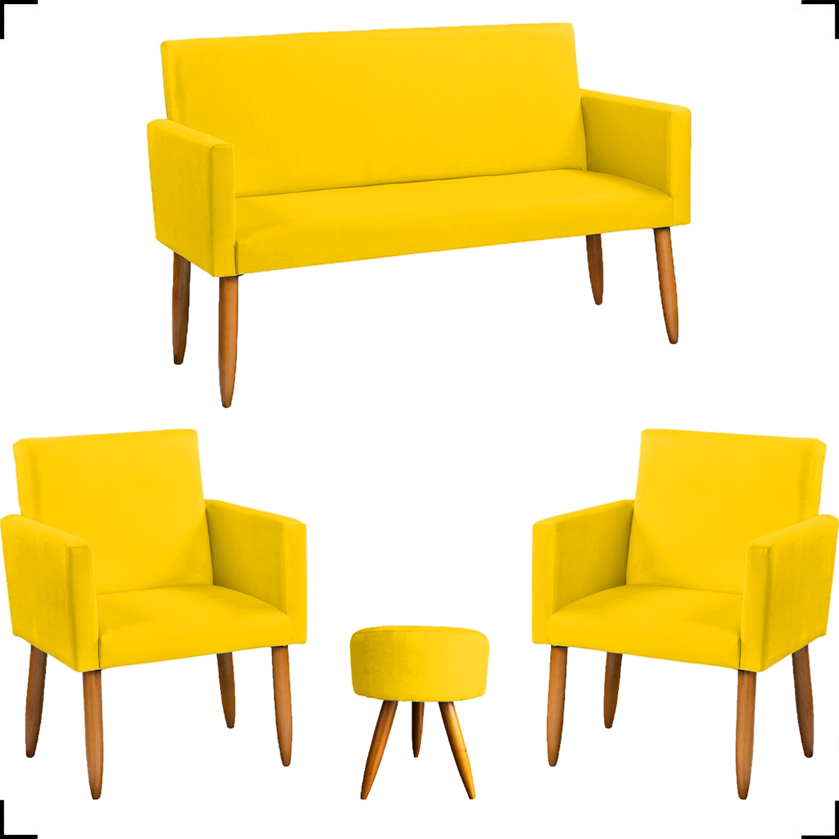 Kit Namoradeira + 2 Poltronas Decorativas Para Sala Nina + Puff Redondo Suede Amarelo Pé Castanho