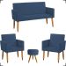 Kit Namoradeira + 2 Poltronas Decorativas Para Sala Nina + Puff Redondo Suede Azul Marinho Pé Castanho