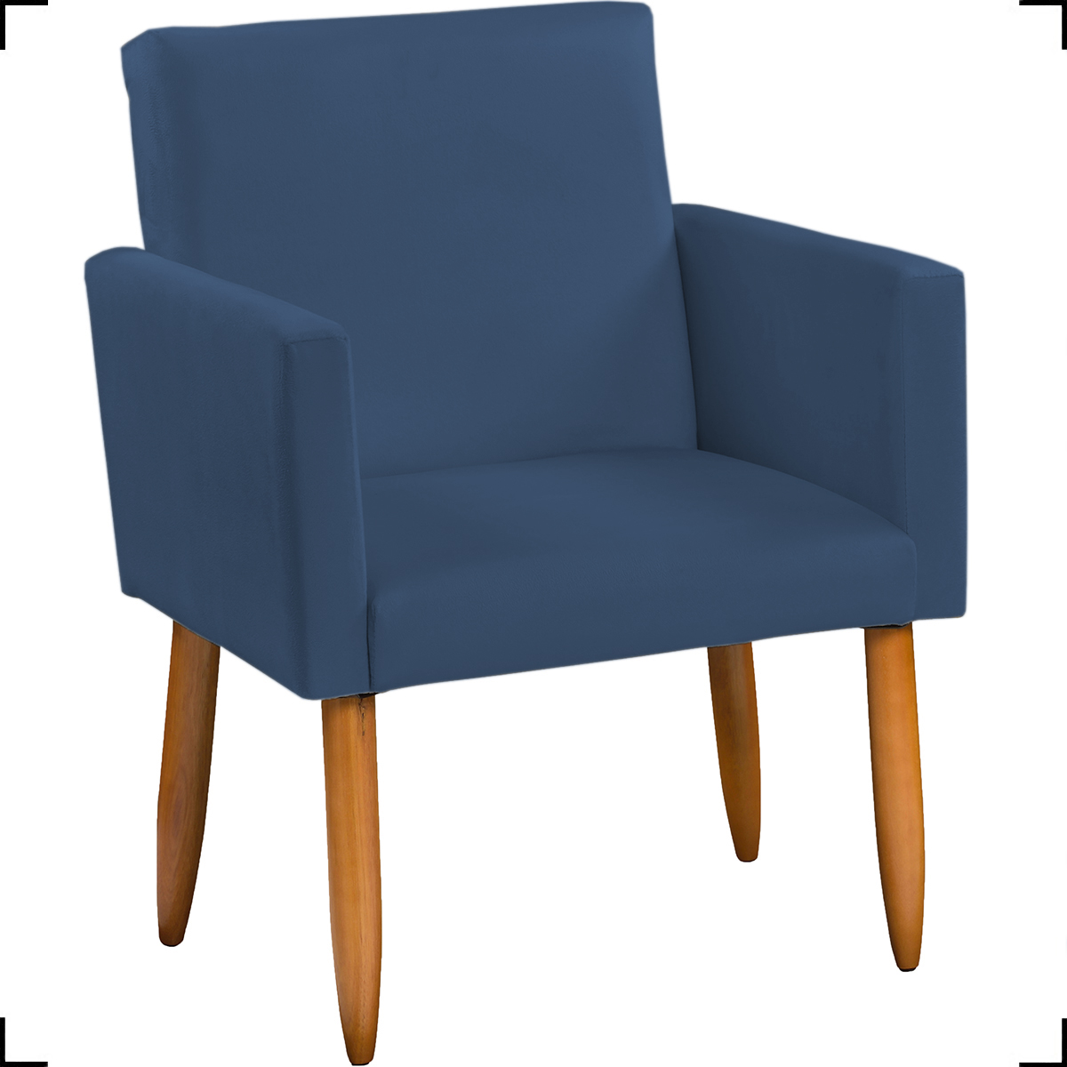 Kit Namoradeira + 2 Poltronas Decorativas Para Sala Nina + Puff Redondo Suede Azul Marinho Pé Castanho