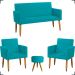 Kit Namoradeira + 2 Poltronas Decorativas Para Sala Nina + Puff Redondo Suede Azul Turquesa Pé Castanho