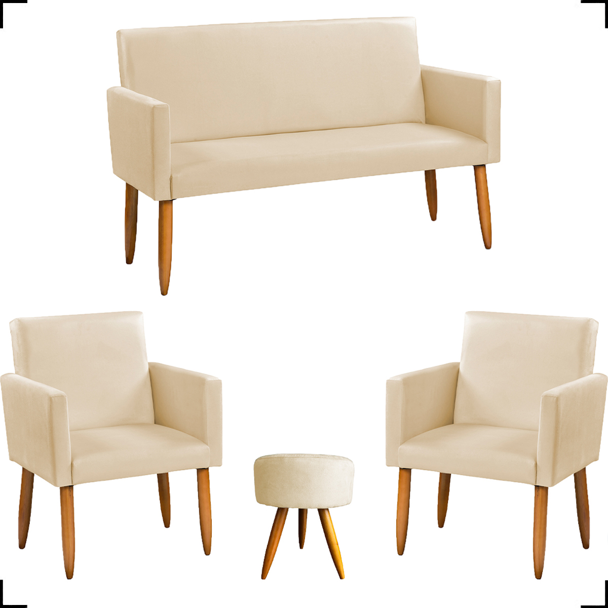 Kit Namoradeira + 2 Poltronas Decorativas Para Sala Nina + Puff Redondo Suede Bege Pé Castanho