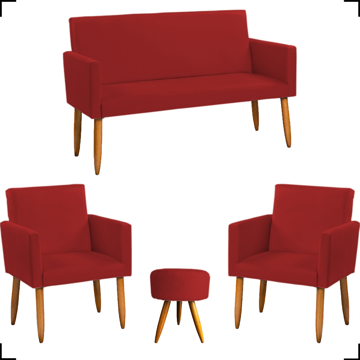 Kit Namoradeira + 2 Poltronas Decorativas Para Sala Nina + Puff Redondo Suede Bordô Pé Castanho