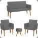 Kit Namoradeira + 2 Poltronas Decorativas Para Sala Nina + Puff Redondo Suede Cinza Pé Castanho