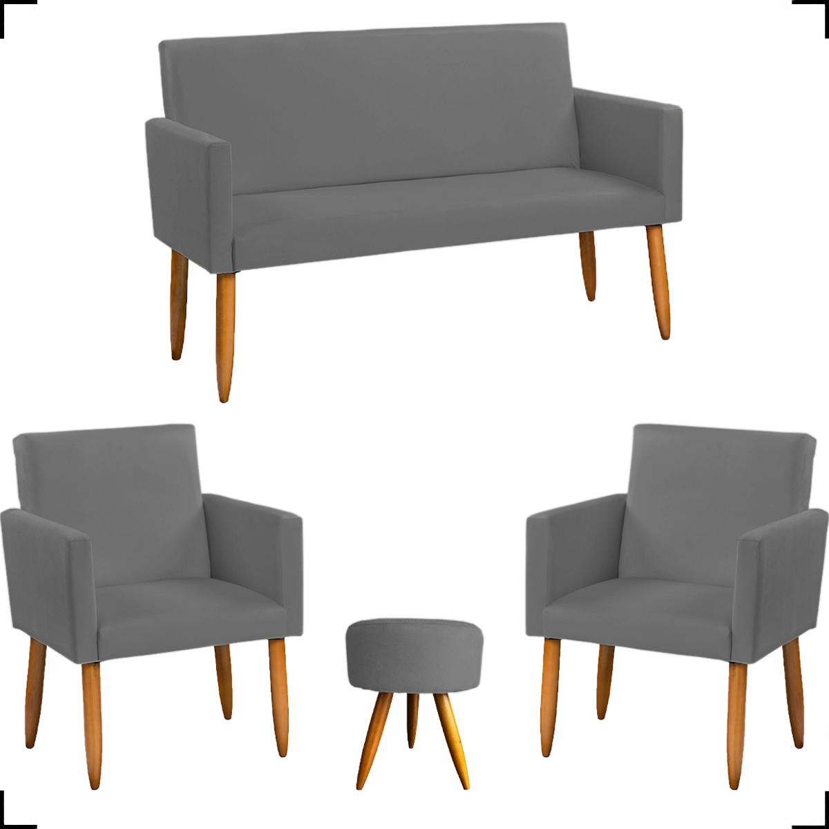 Kit Namoradeira + 2 Poltronas Decorativas Para Sala Nina + Puff Redondo Suede Cinza Pé Castanho