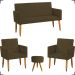 Kit Namoradeira + 2 Poltronas Decorativas Para Sala Nina + Puff Redondo Suede Marrom Pé Castanho