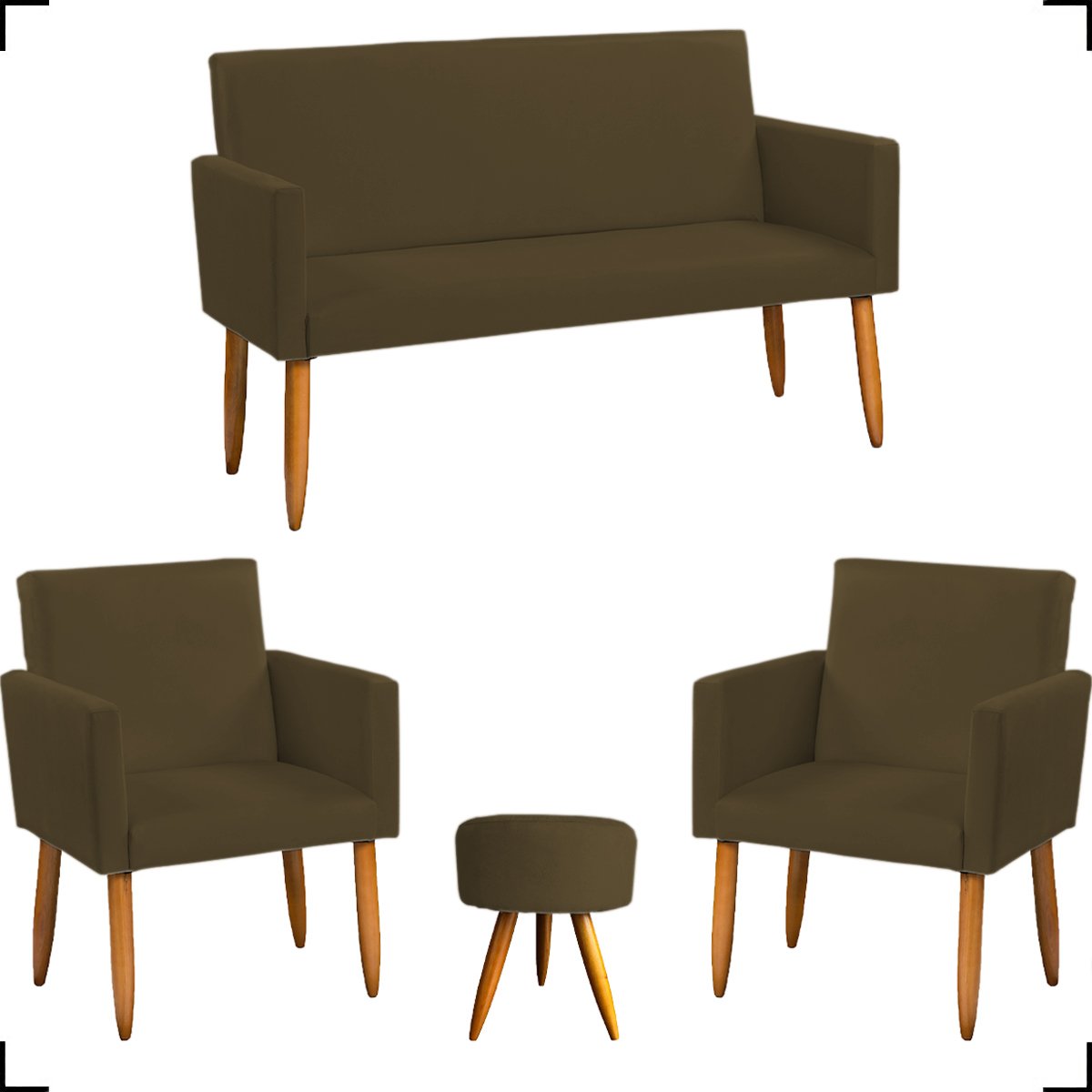 Kit Namoradeira + 2 Poltronas Decorativas Para Sala Nina + Puff Redondo Suede Marrom Pé Castanho
