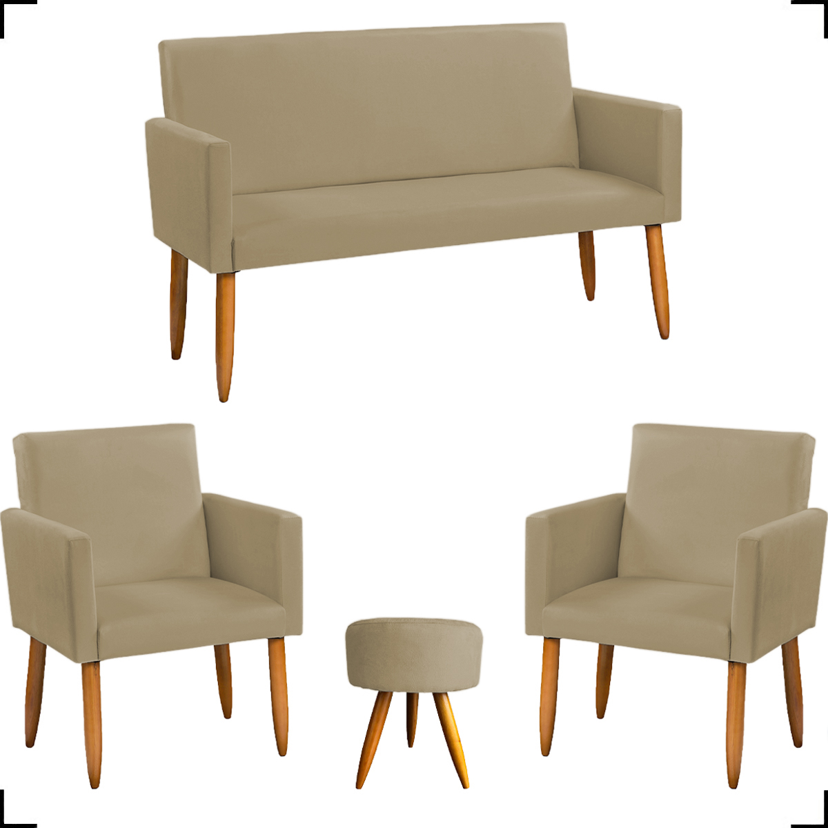Kit Namoradeira + 2 Poltronas Decorativas Para Sala Nina + Puff Redondo Suede Nude Pé Castanho