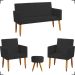 Kit Namoradeira + 2 Poltronas Decorativas Para Sala Nina + Puff Redondo Suede Preto Pé Castanho