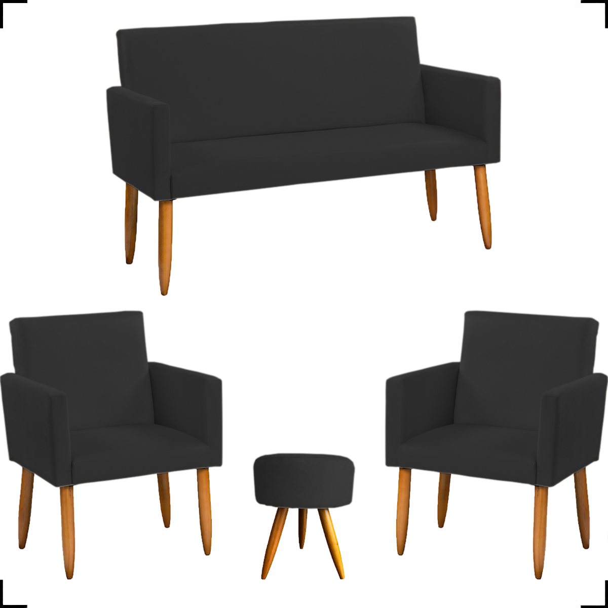 Kit Namoradeira + 2 Poltronas Decorativas Para Sala Nina + Puff Redondo Suede Preto Pé Castanho