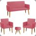 Kit Namoradeira + 2 Poltronas Decorativas Para Sala Nina + Puff Redondo Suede Rosê Pé Castanho