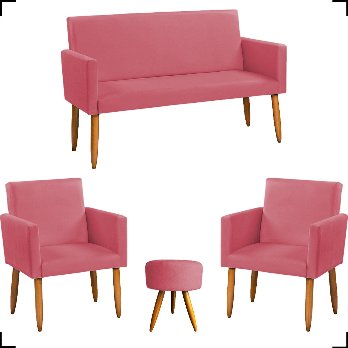 Kit Namoradeira + 2 Poltronas Decorativas Para Sala Nina + Puff Redondo Suede Rosê Pé Castanho