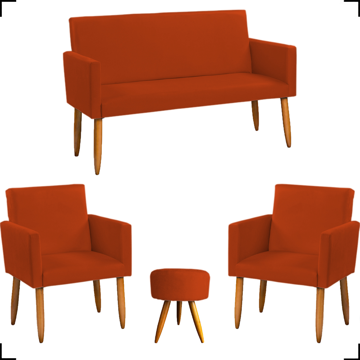 Kit Namoradeira + 2 Poltronas Decorativas Para Sala Nina + Puff Redondo Suede Terracota Pé Castanho