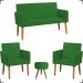 Kit Namoradeira + 2 Poltronas Decorativas Para Sala Nina + Puff Redondo Suede Verde Pé Castanho