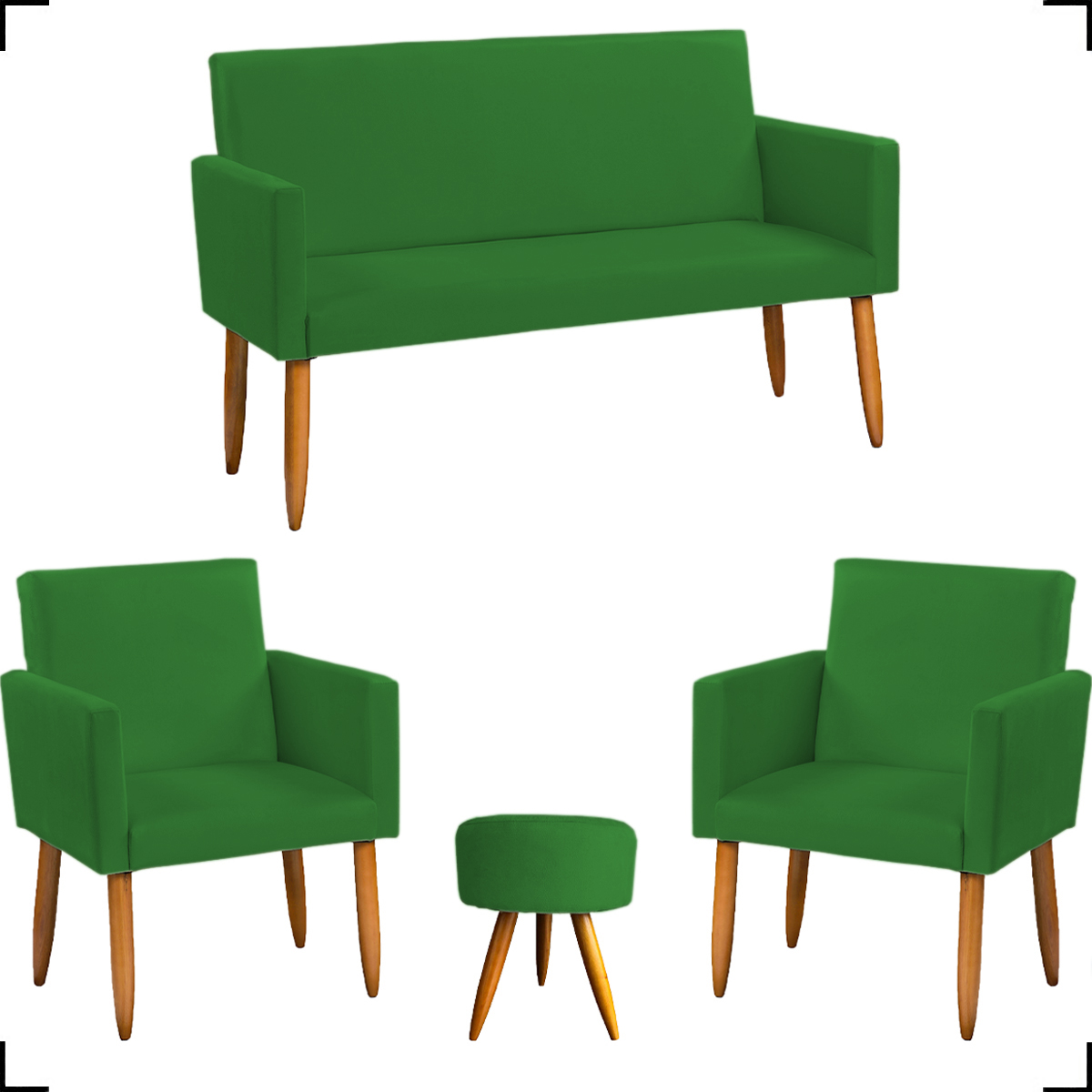 Kit Namoradeira + 2 Poltronas Decorativas Para Sala Nina + Puff Redondo Suede Verde Pé Castanho