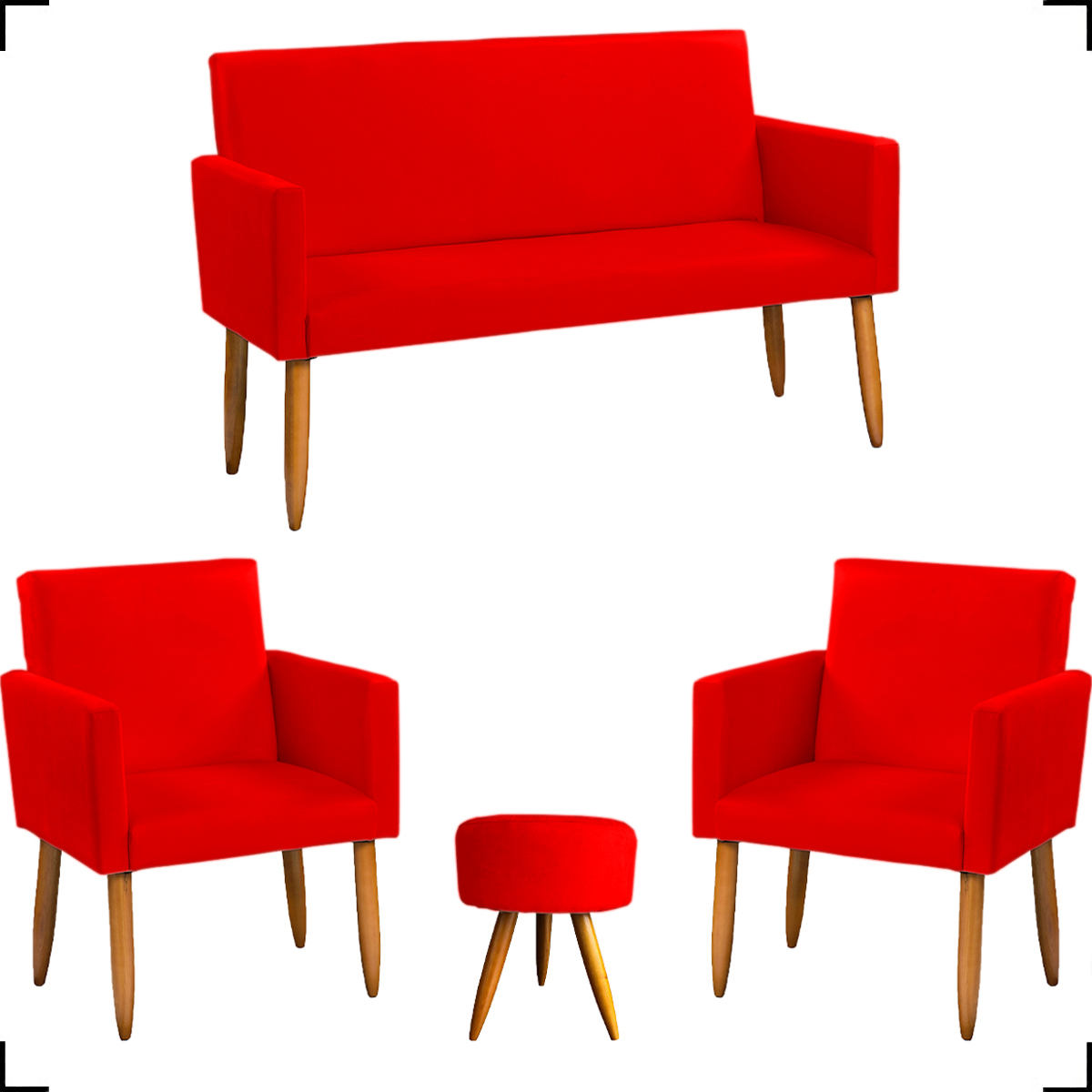 Kit Namoradeira + 2 Poltronas Decorativas Para Sala Nina + Puff Redondo Suede Vermelho Pé Castanho