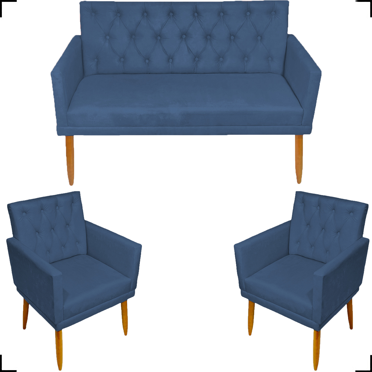 Kit Namoradeira + 2 Poltronas Decorativas Para Sala Nina Base Capitonê Suede Azul Marinho Pé Castanho - Clique E Decore