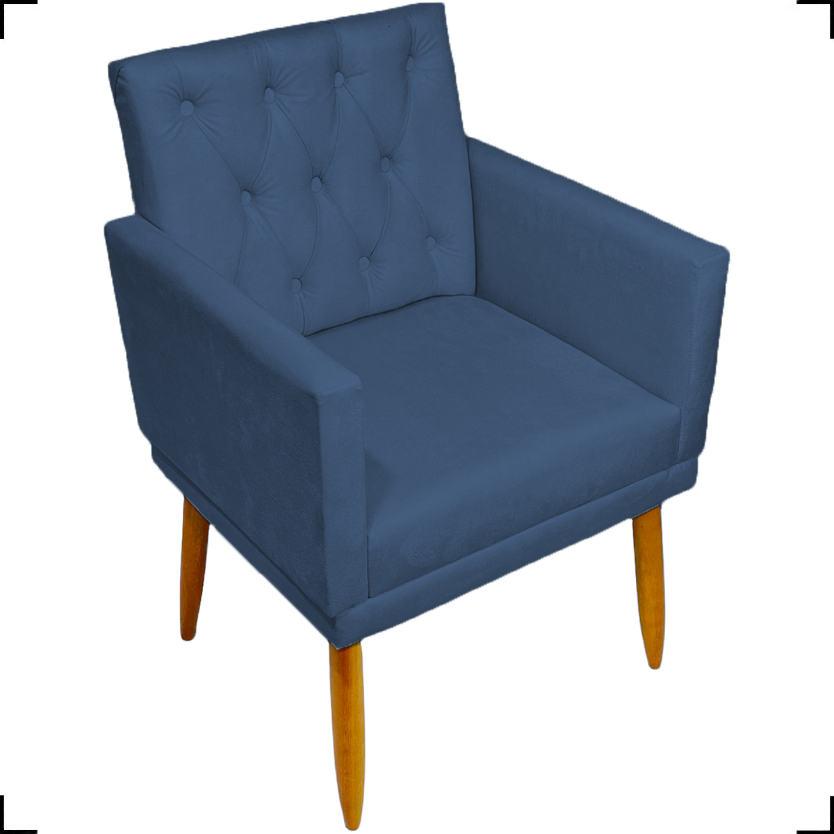 Kit Namoradeira + 2 Poltronas Decorativas Para Sala Nina Base Capitonê Suede Azul Marinho Pé Castanho - Clique E Decore