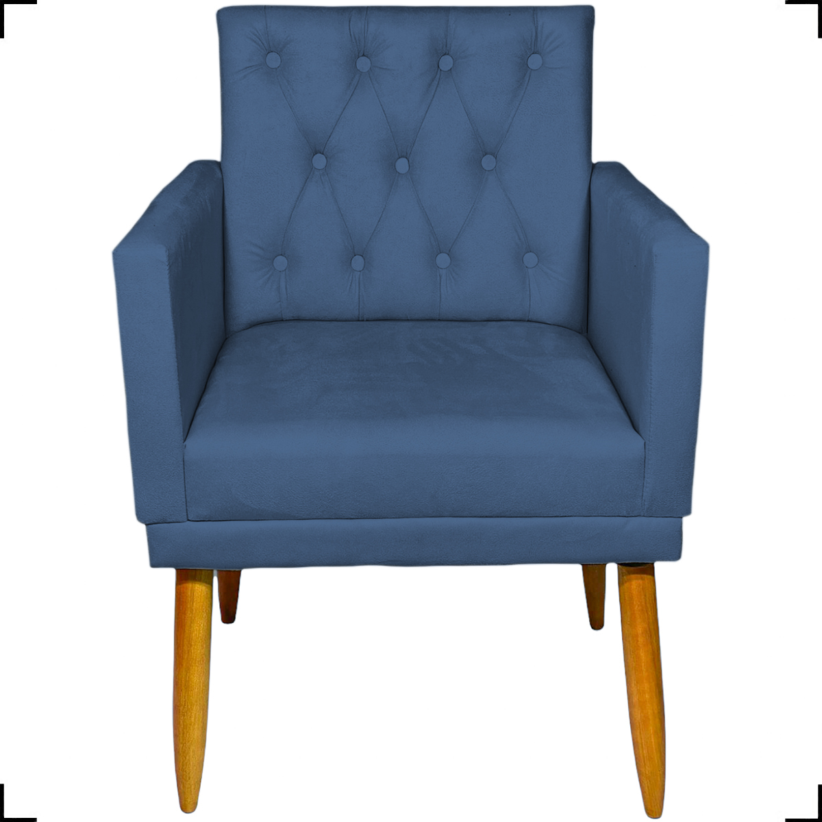 Kit Namoradeira + 2 Poltronas Decorativas Para Sala Nina Base Capitonê Suede Azul Marinho Pé Castanho - Clique E Decore