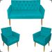 Kit Namoradeira + 2 Poltronas Decorativas Para Sala Nina Base Capitonê Suede Azul Turquesa Pé Castanho - Clique E Decore