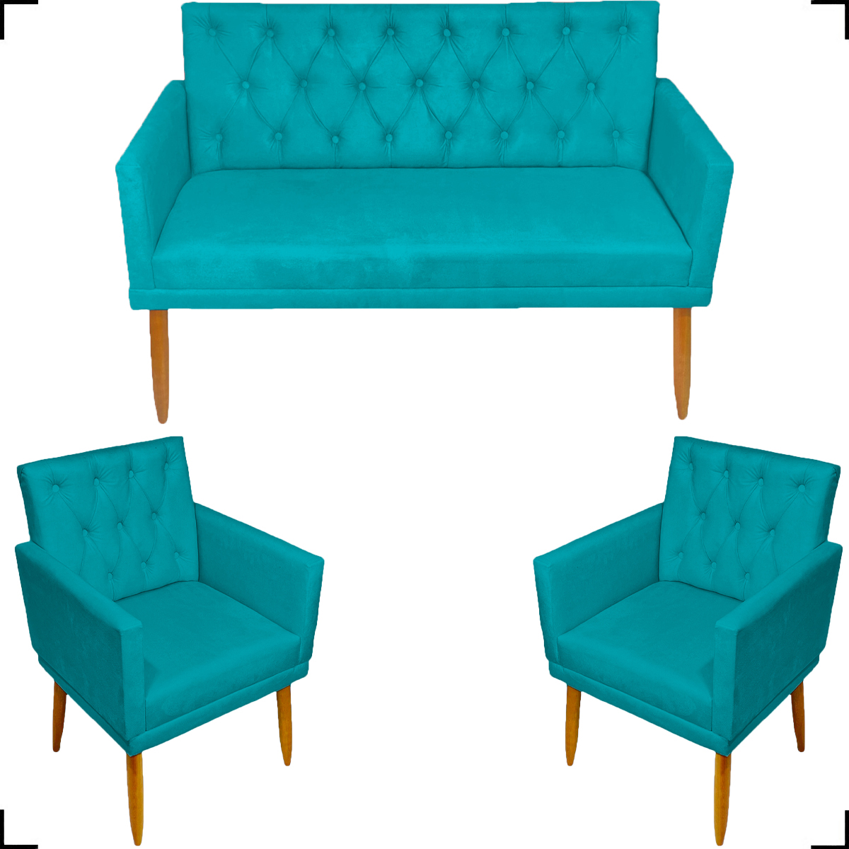 Kit Namoradeira + 2 Poltronas Decorativas Para Sala Nina Base Capitonê Suede Azul Turquesa Pé Castanho - Clique E Decore