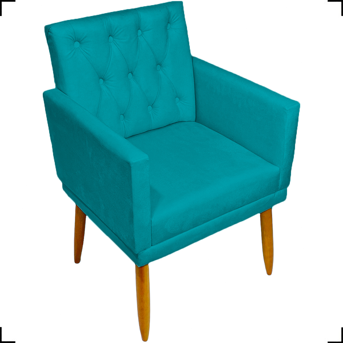 Kit Namoradeira + 2 Poltronas Decorativas Para Sala Nina Base Capitonê Suede Azul Turquesa Pé Castanho - Clique E Decore