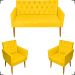 Kit Namoradeira + 2 Poltronas Decorativas Para Sala Nina Com Base E Capitonê Suede Amarelo Pé Castanho - Clique E Decore