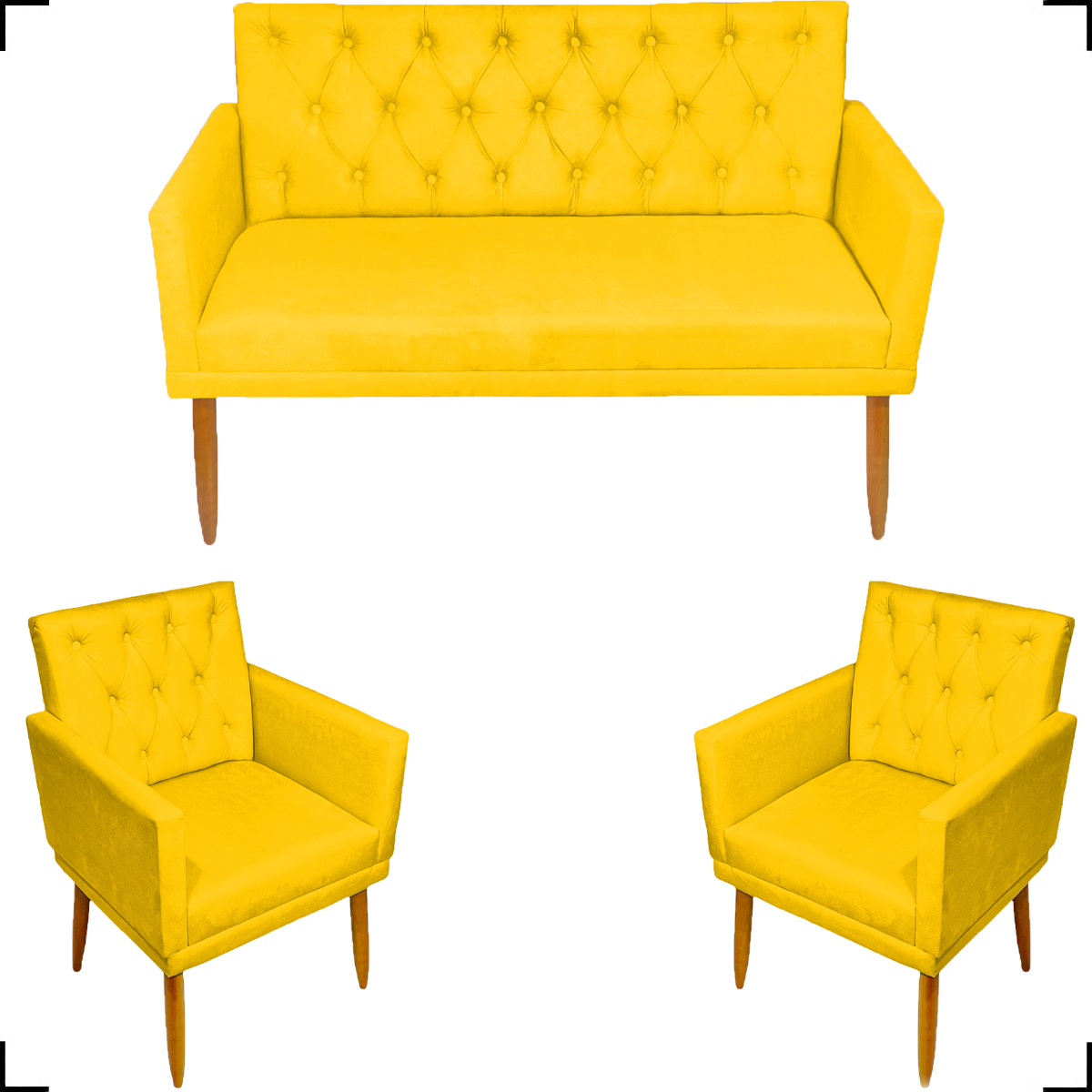 Kit Namoradeira + 2 Poltronas Decorativas Para Sala Nina Com Base E Capitonê Suede Amarelo Pé Castanho - Clique E Decore