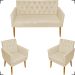 Kit Namoradeira + 2 Poltronas Decorativas Para Sala Nina Com Base E Capitonê Suede Bege Pé Castanho