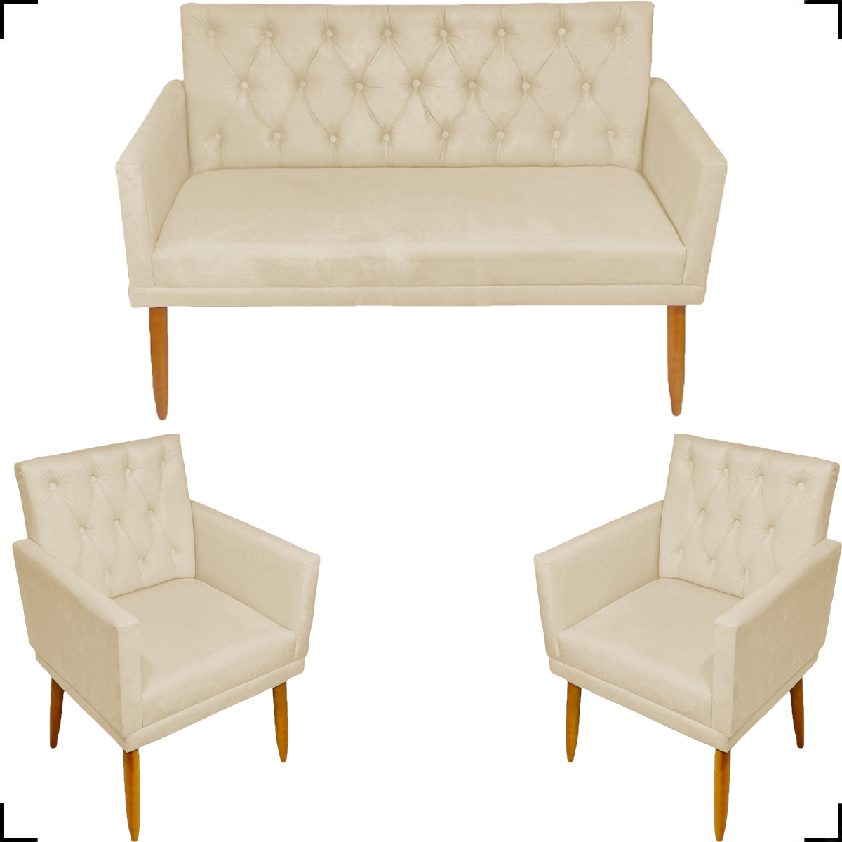 Kit Namoradeira + 2 Poltronas Decorativas Para Sala Nina Com Base E Capitonê Suede Bege Pé Castanho