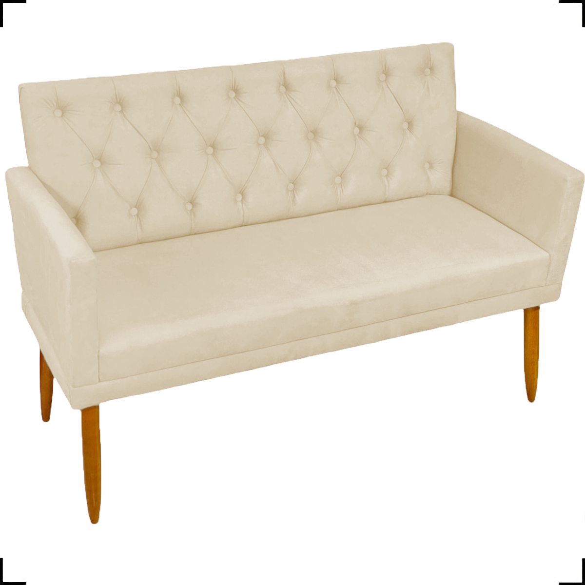 Kit Namoradeira + 2 Poltronas Decorativas Para Sala Nina Com Base E Capitonê Suede Bege Pé Castanho