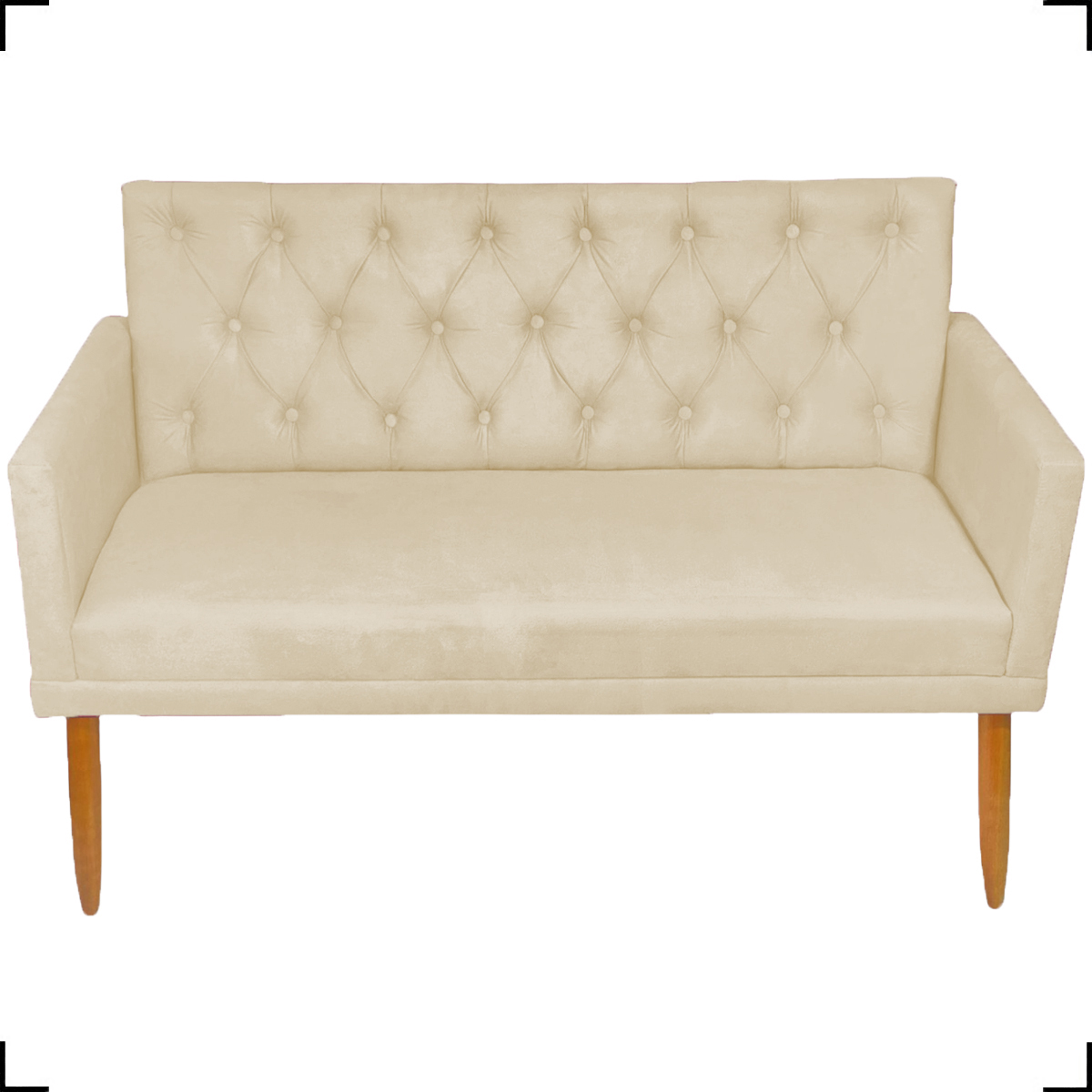 Kit Namoradeira + 2 Poltronas Decorativas Para Sala Nina Com Base E Capitonê Suede Bege Pé Castanho