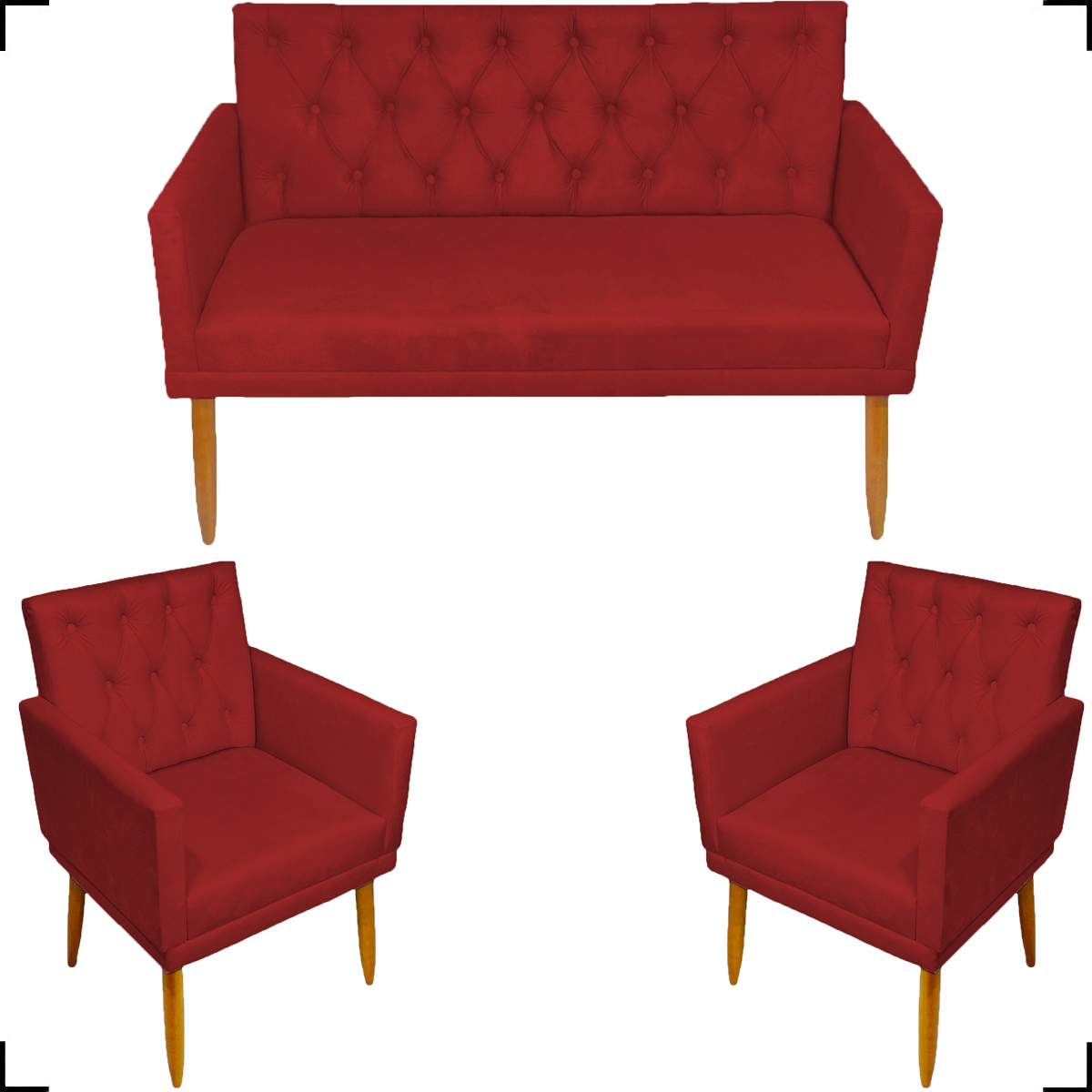 Kit Namoradeira + 2 Poltronas Decorativas Para Sala Nina Com Base E Capitonê Suede Bordô Pé Castanho - Clique E Decore