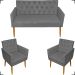 Kit Namoradeira + 2 Poltronas Decorativas Para Sala Nina Com Base E Capitonê Suede Cinza Pé Castanho