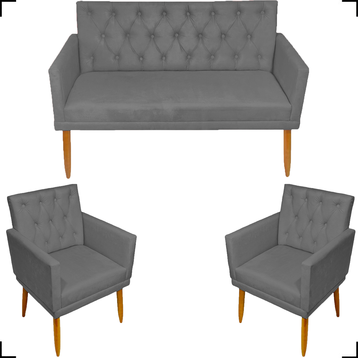Kit Namoradeira + 2 Poltronas Decorativas Para Sala Nina Com Base E Capitonê Suede Cinza Pé Castanho