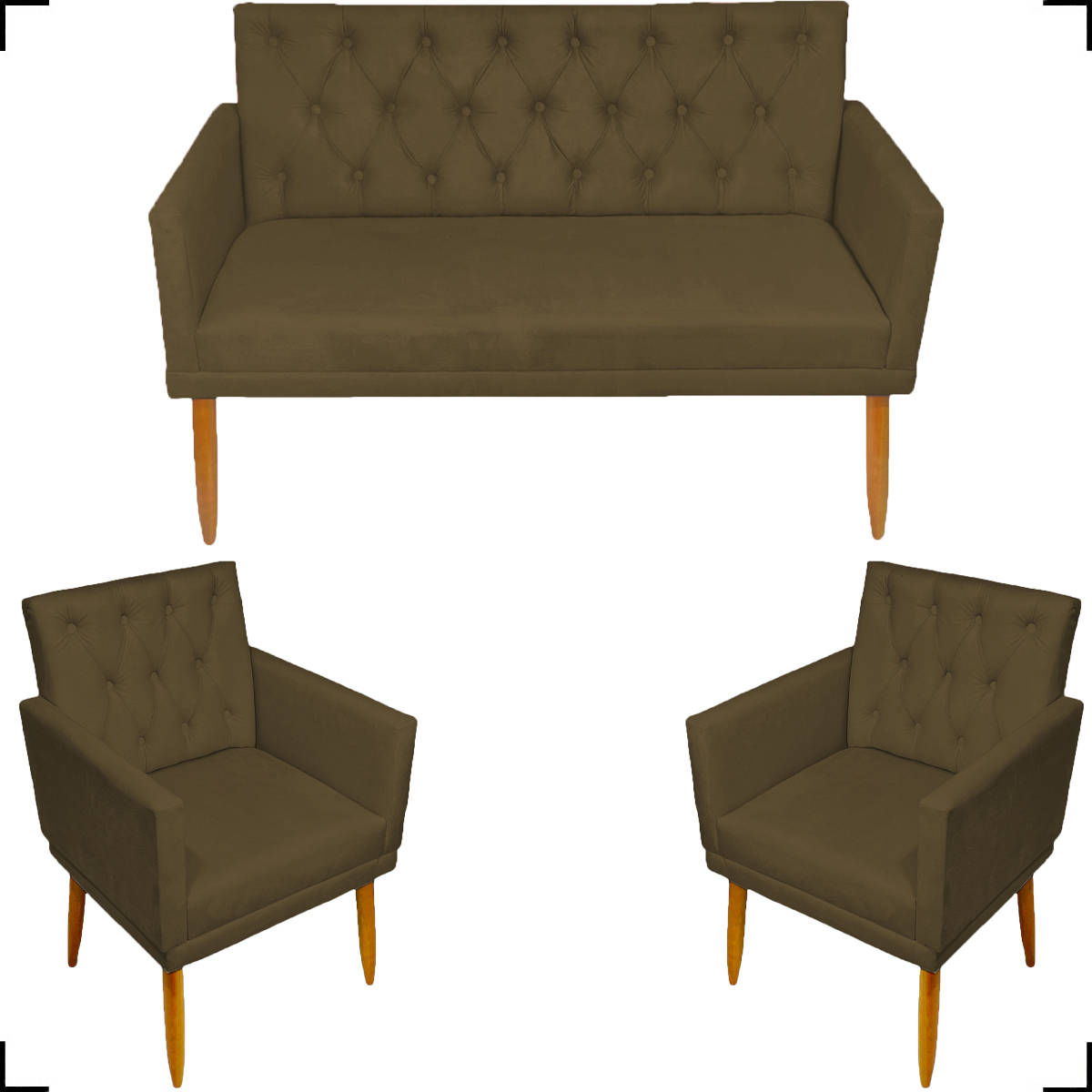 Kit Namoradeira + 2 Poltronas Decorativas Para Sala Nina Com Base E Capitonê Suede Marrom Pé Castanho