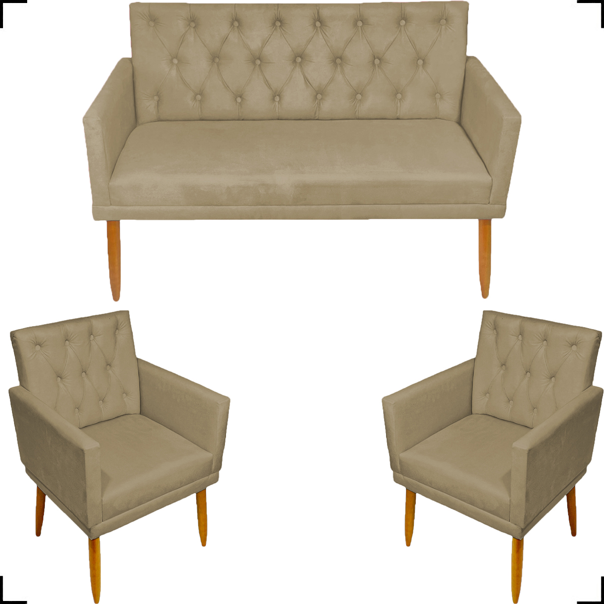 Kit Namoradeira + 2 Poltronas Decorativas Para Sala Nina Com Base E Capitonê Suede Nude Pé Castanho