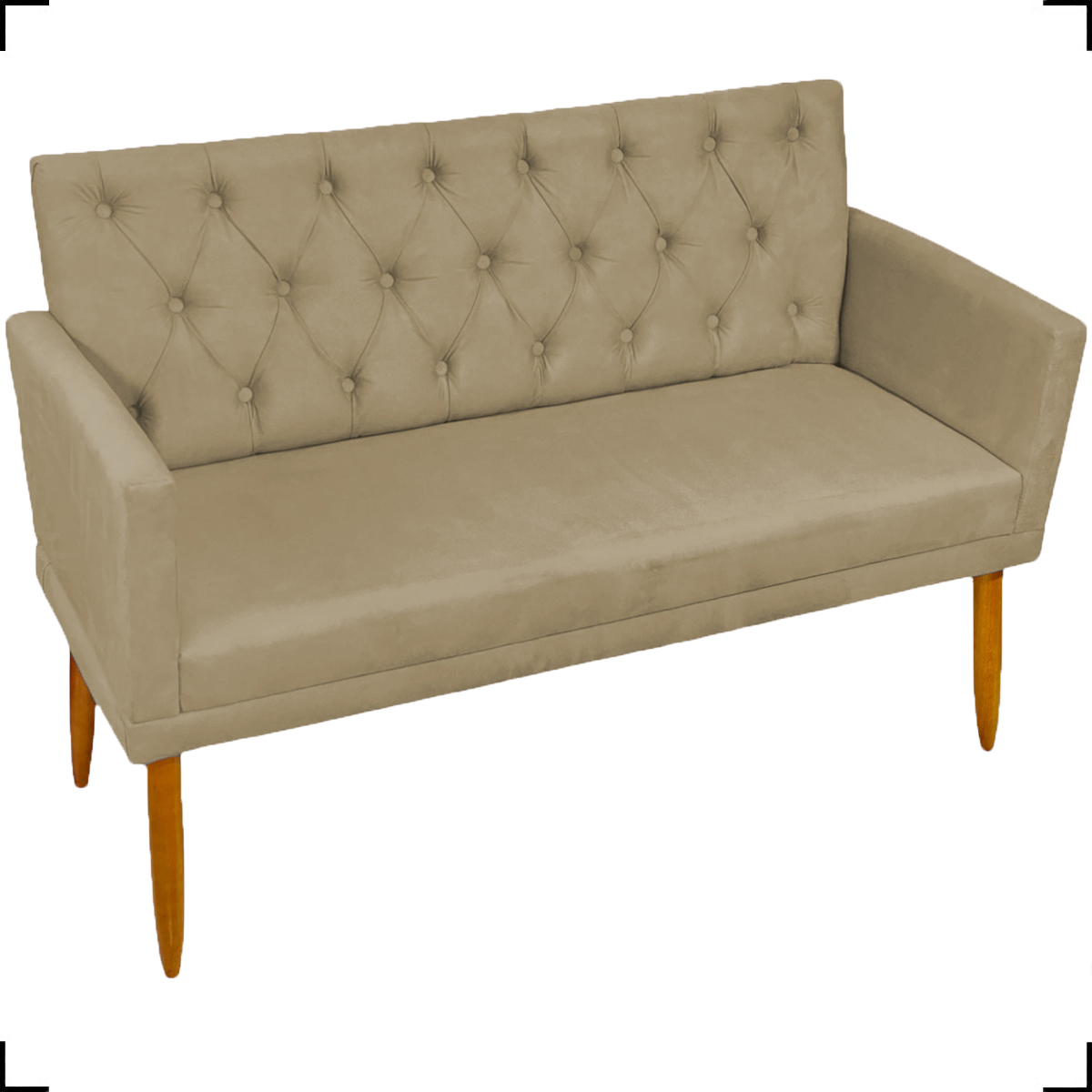 Kit Namoradeira + 2 Poltronas Decorativas Para Sala Nina Com Base E Capitonê Suede Nude Pé Castanho