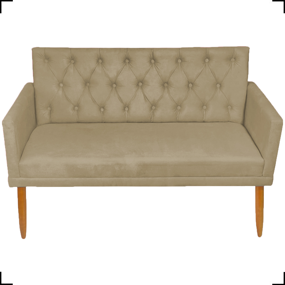 Kit Namoradeira + 2 Poltronas Decorativas Para Sala Nina Com Base E Capitonê Suede Nude Pé Castanho
