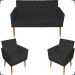 Kit Namoradeira + 2 Poltronas Decorativas Para Sala Nina Com Base E Capitonê Suede Preto Pé Castanho