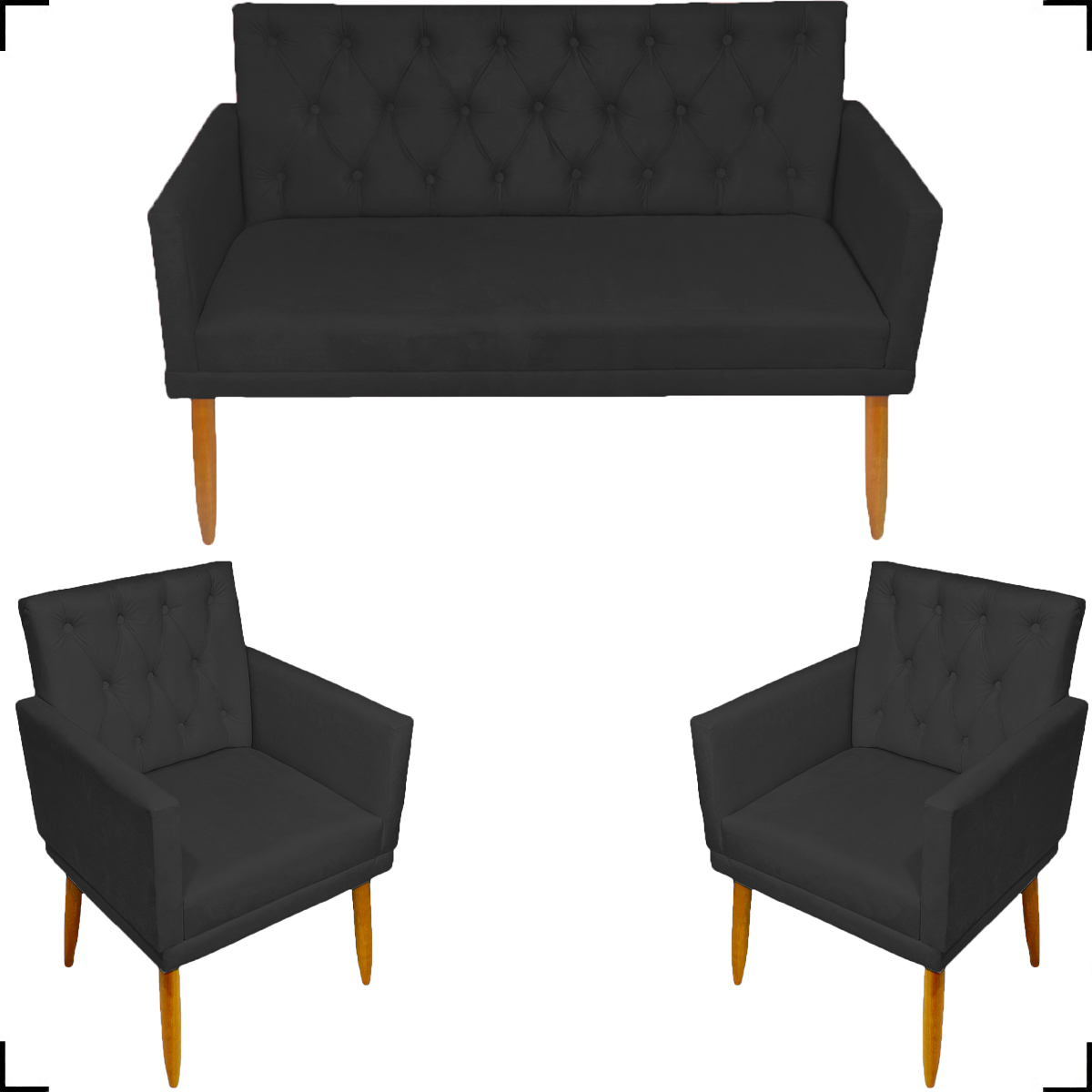 Kit Namoradeira + 2 Poltronas Decorativas Para Sala Nina Com Base E Capitonê Suede Preto Pé Castanho