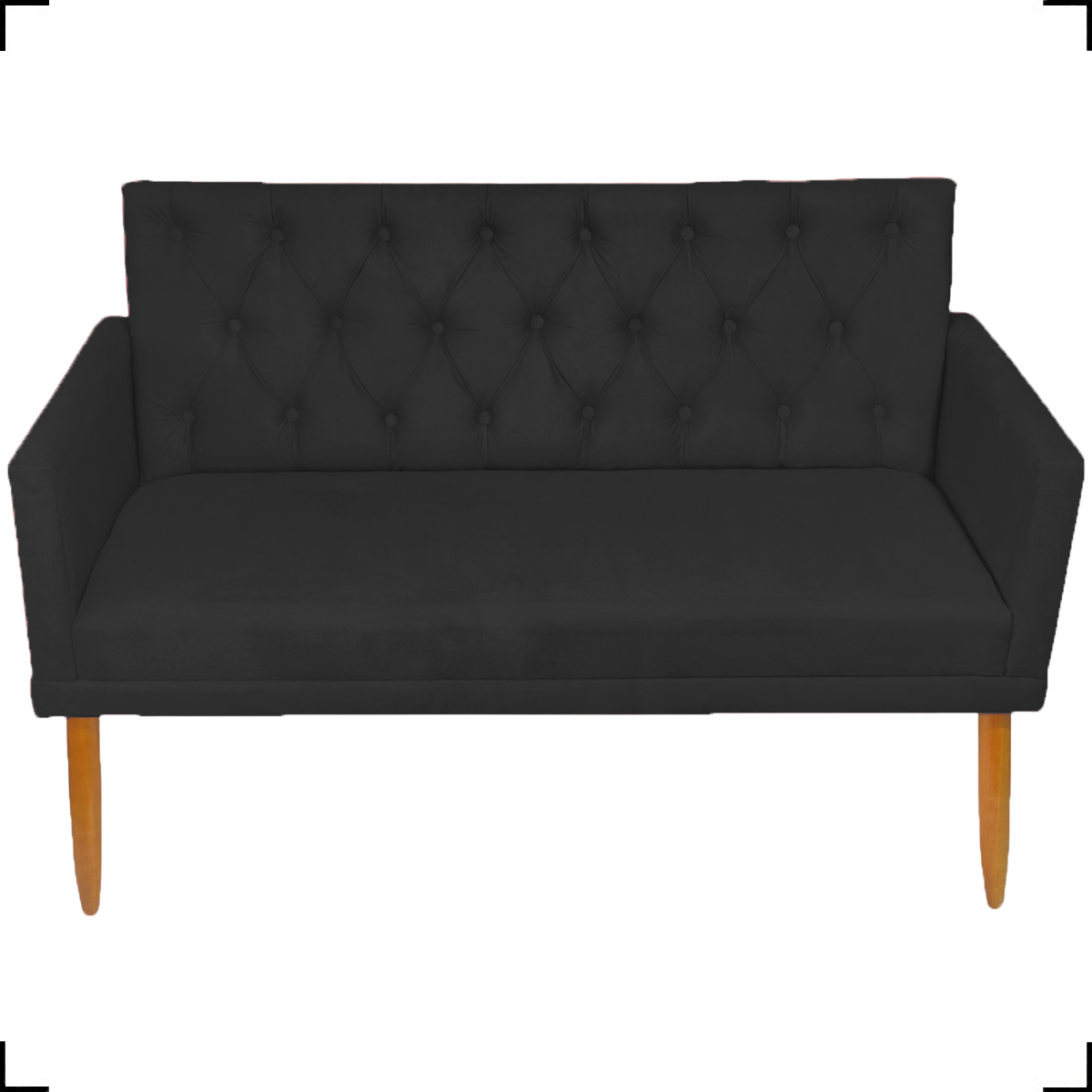 Kit Namoradeira + 2 Poltronas Decorativas Para Sala Nina Com Base E Capitonê Suede Preto Pé Castanho