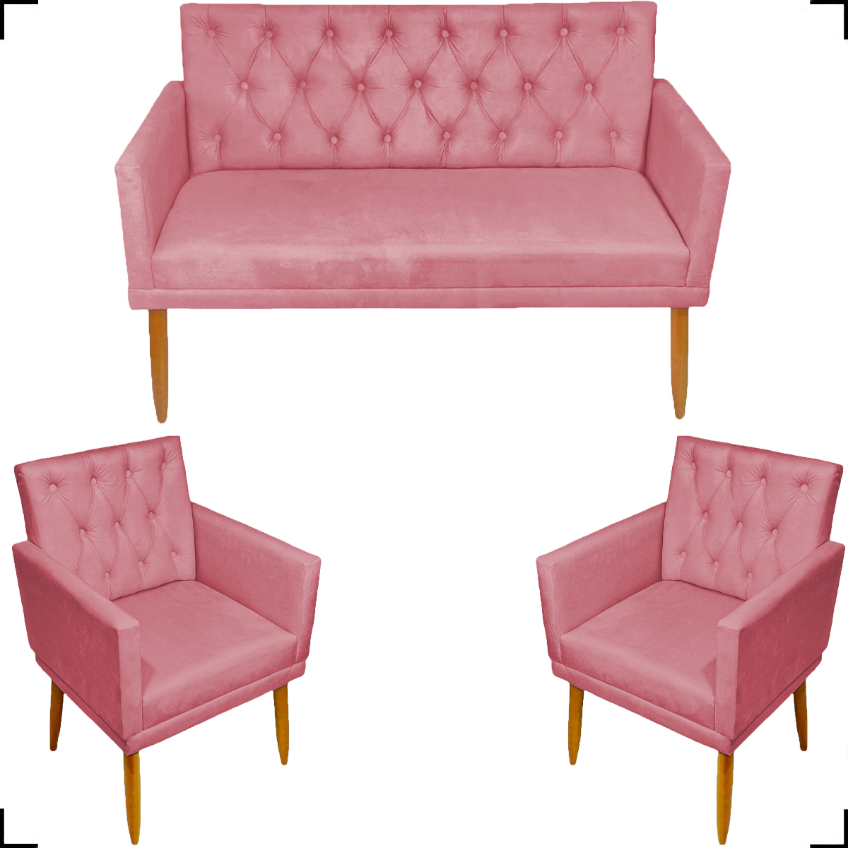 Kit Namoradeira + 2 Poltronas Decorativas Para Sala Nina Com Base E Capitonê Suede Rose Pé Castanho - Clique E Decore