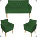 Kit Namoradeira + 2 Poltronas Decorativas Para Sala Nina Com Base E Capitonê Suede Verde Pé Castanho