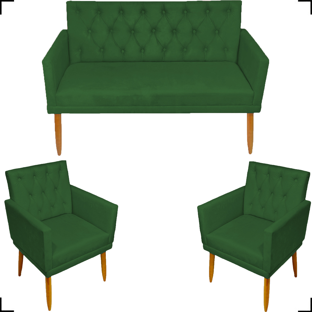 Kit Namoradeira + 2 Poltronas Decorativas Para Sala Nina Com Base E Capitonê Suede Verde Pé Castanho
