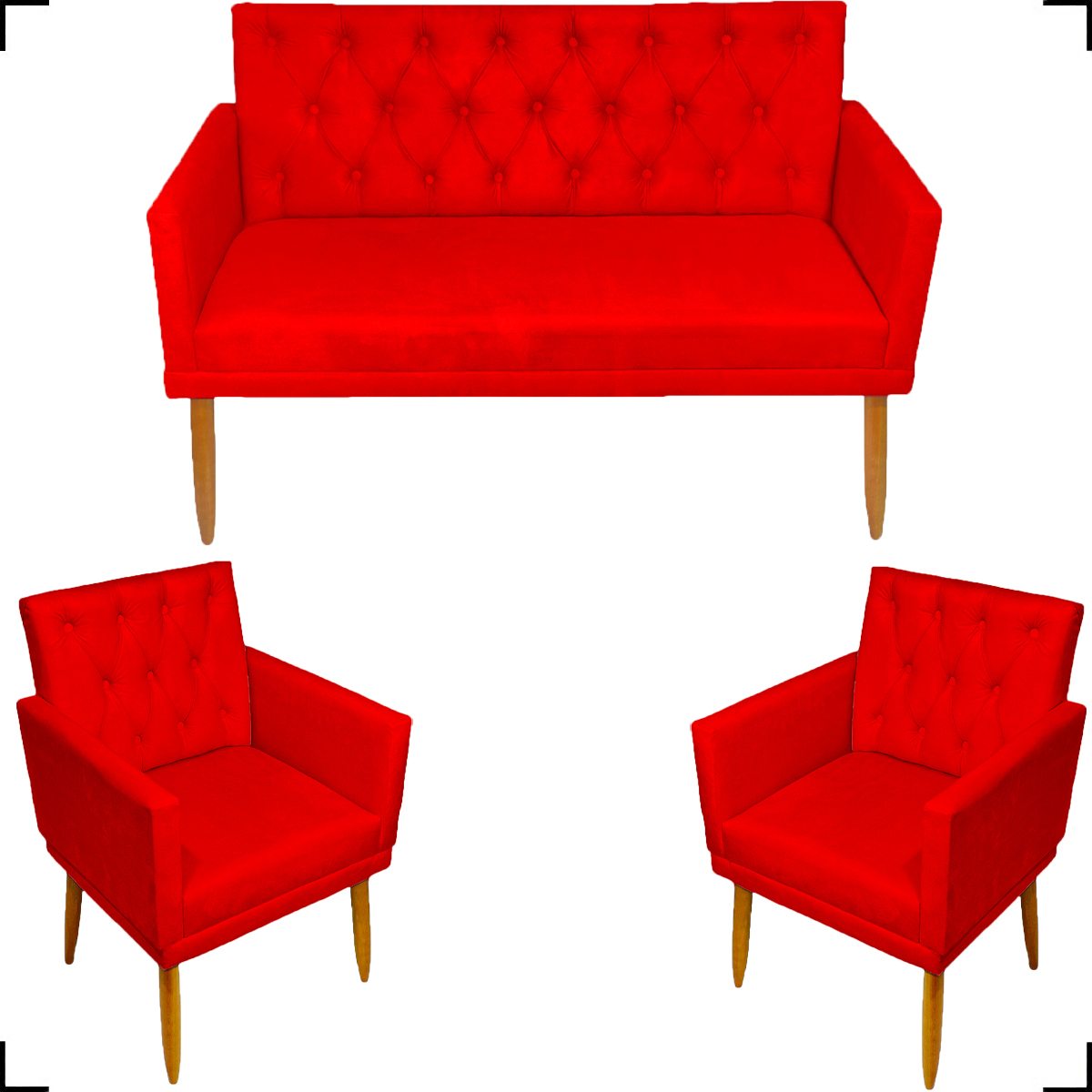 Kit Namoradeira + 2 Poltronas Decorativas Para Sala Nina Com Base E Capitonê Suede Vermelho Pé Castanho