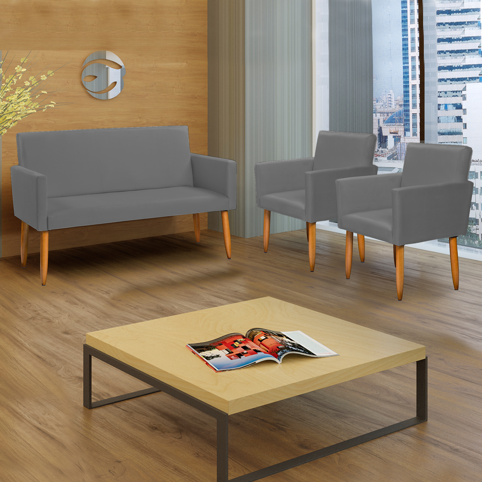 Kit Namoradeira + 2 Poltronas Decorativas Para Sala Nina Suede Cinza Pé Castanho - Clique E Decore