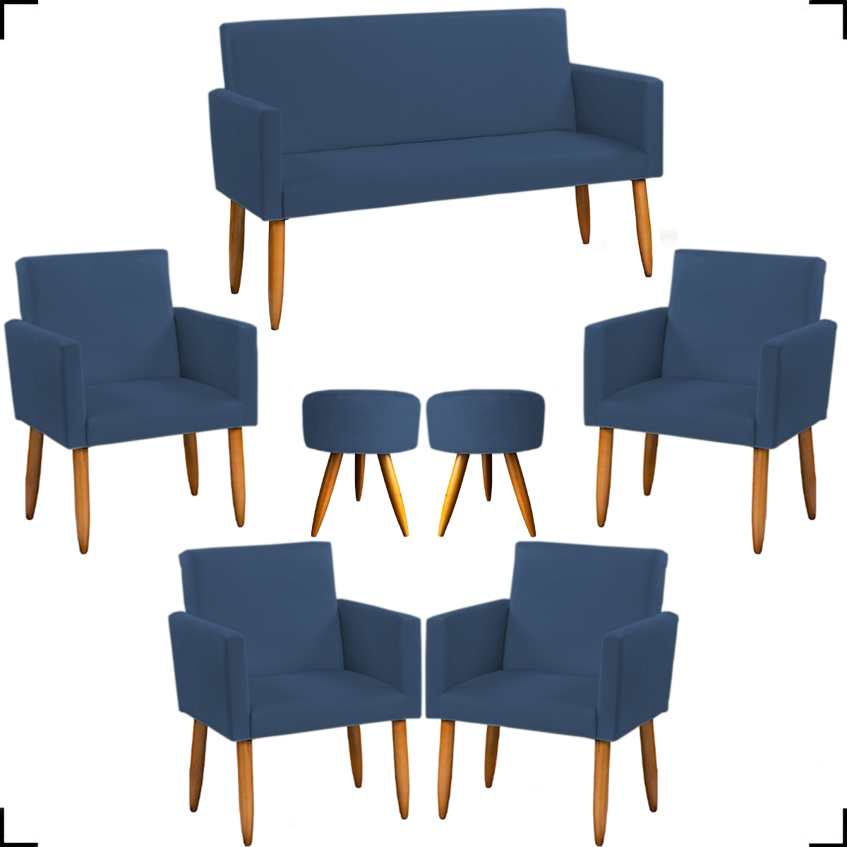 Kit Namoradeira + 4 Poltronas Decorativas Para Sala Nina + 2 Puff Redondos Azul Marinho Pé Castanho - Clique E Decore