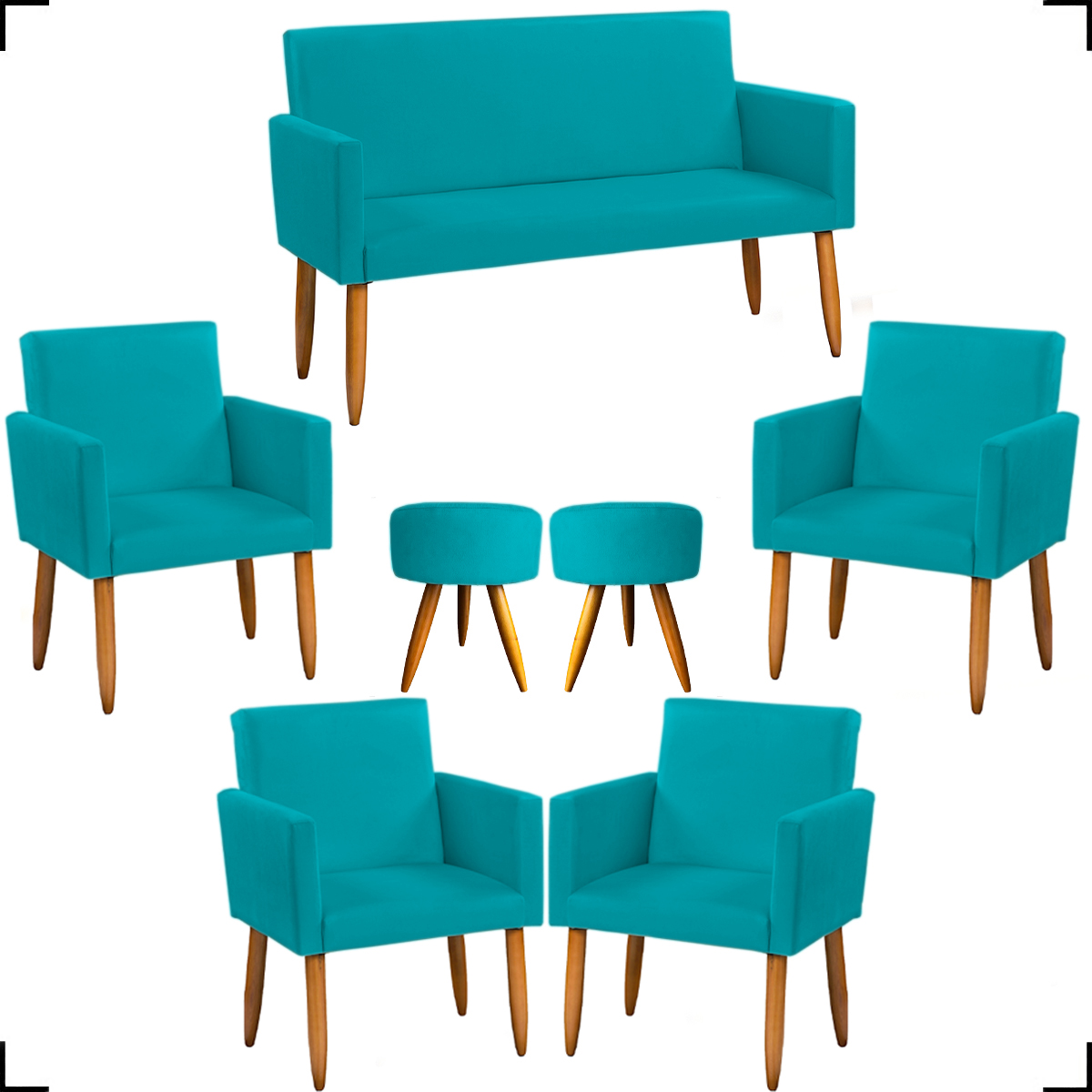 Kit Namoradeira + 4 Poltronas Decorativas Para Sala Nina + 2 Puff Redondos Azul Turquesa Pé Castanho - Clique E Decore